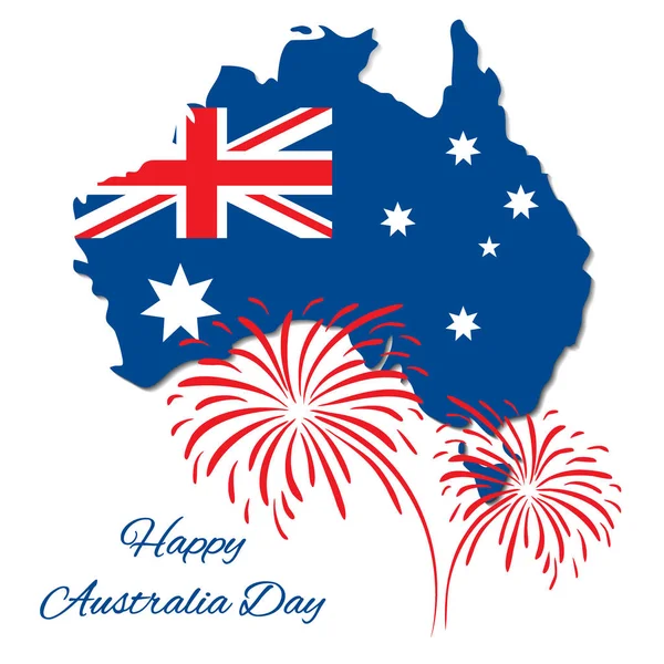 Design vetor Happy Australia Day. Mapa de com bandeira. Saudação inscrição e fogos de artifício. Usável para cartão, banner, convite, cartaz —  Vetores de Stock