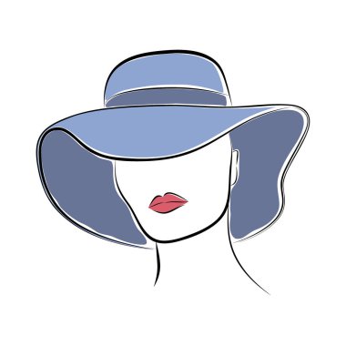 Mavi çapında ekledi şapkalı güzel zarif bayan. Vektör moda kroki tasarımınız için el çizim stili.