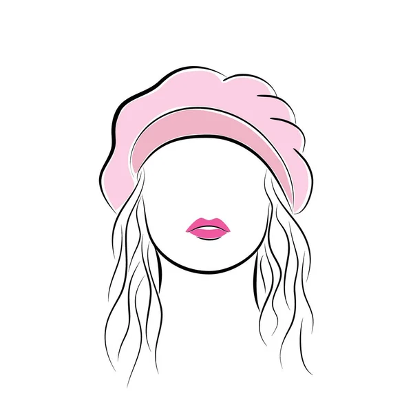 Bella giovane donna con i capelli in un berretto rosa. Schizzo di moda vettoriale in stile disegno a mano per il vostro disegno. EPS10 — Vettoriale Stock