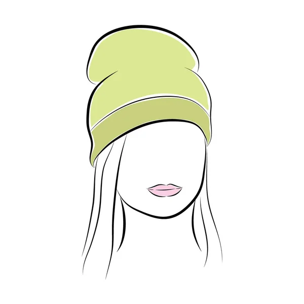 Schöne junge Frau mit ihren Haaren in einem grünen hohen Hut. Vektor Mode Skizze in Handzeichnung Stil für Ihr Design. eps10 — Stockvektor