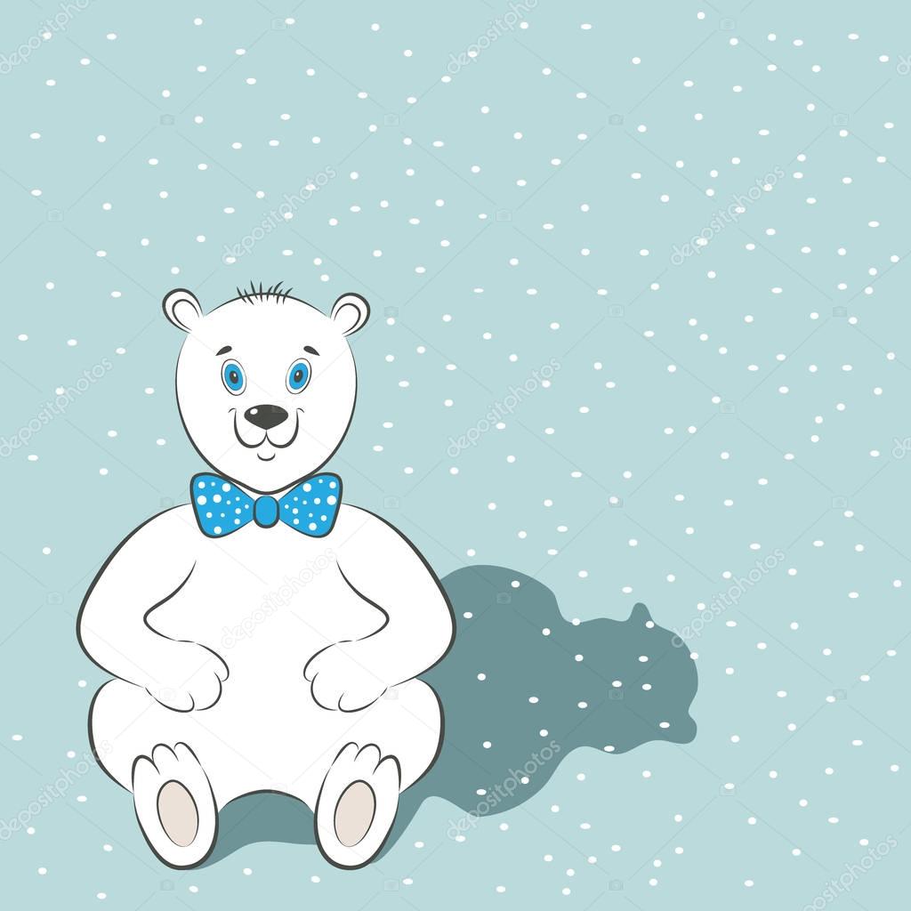 International Polar Bear Day poster. Cute animal with blue bow tie. Snow is in the background. Simple cartoon style. Vector illustration. Usable for design of cards, invitations, posters