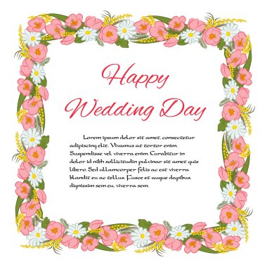 Çerçeve kare çiçek. Mimoza, Lale, papatya ve yaprakları. Senin metin için yer. Bir düğün, doğum günü ve diğer tatil için davet olarak kullanılabilir. Bahar vektör çizim