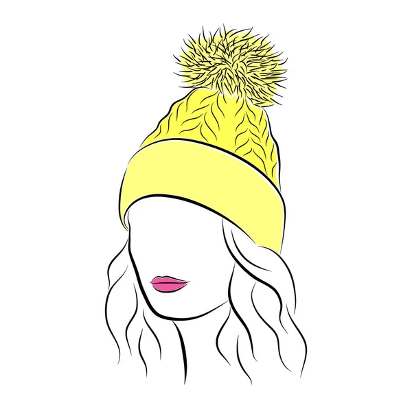 Όμορφη νεαρή γυναίκα με κίτρινο πλεκτό καπέλο με pompom — Διανυσματικό Αρχείο