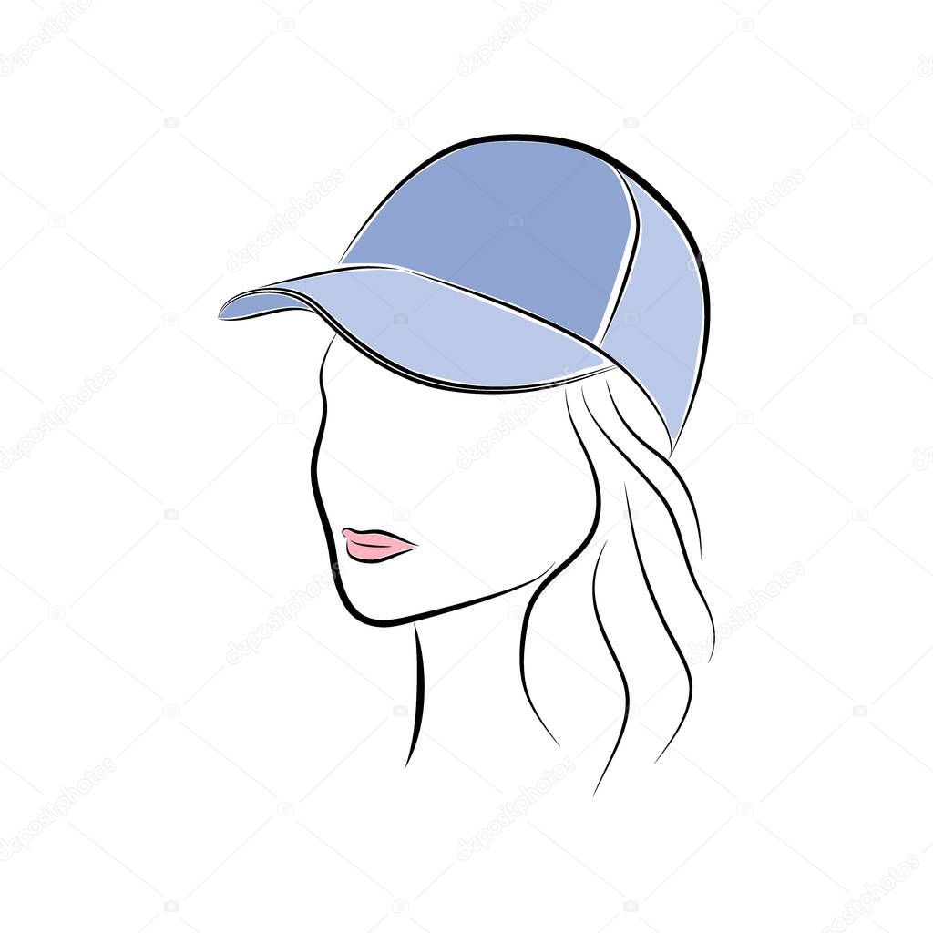 Close up portrait. Beautiful young woman in a blue cap. Bright lips painted on her face. Vector fashion sketch in hand drawing style for your design. EPS10 format.