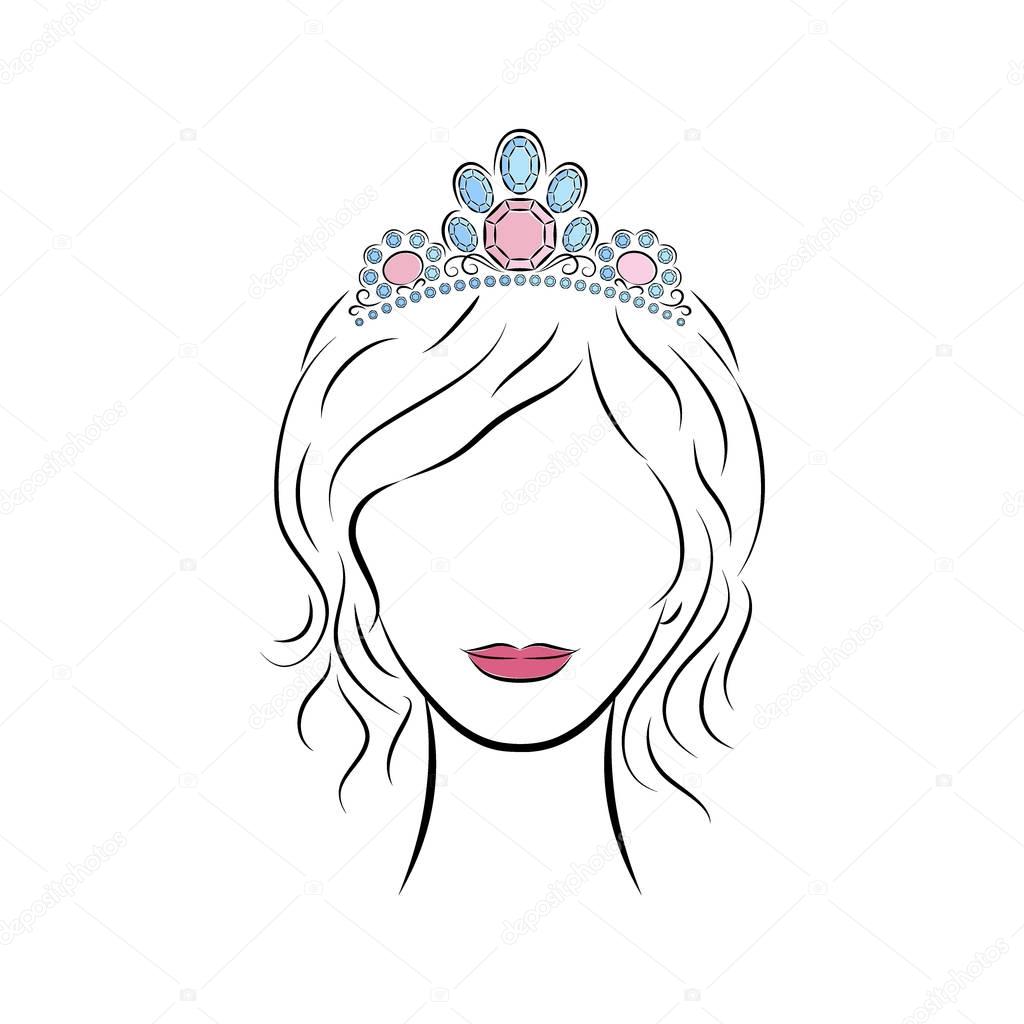 Close up portrait. Beautiful young girl wearing a crown or tiara with precious stones on her head. Bright lips painted on her face. Vector fashion sketch in hand drawing style for your design. EPS10
