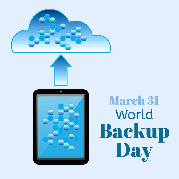 World Backup Day vectorillustratie. Realistische tablet Pc PC of smartphone met gegevenscellen op het scherm verzendt gegevens naar de wolk. — Stockvector