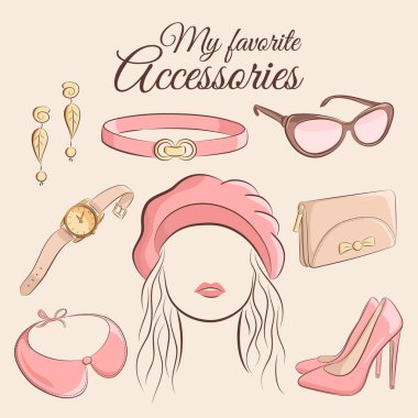 Moda vektör kümesi. Şık bir moda aksesuar Illustration bir kızla. Bere, küpe, kemer, güneş gözlüğü, saatler, sökülebilir yaka, debriyaj veya çanta ve ayakkabı. Resimde elinde çizim stili