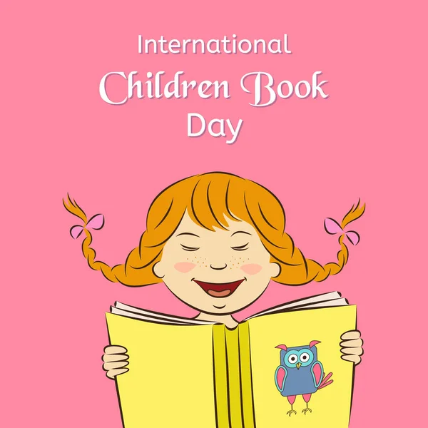 Концепция Международного дня детской книги. Смеющаяся девушка читает книгу. Векторная иллюстрация. Возможность оформления, приглашения, баннера, фона, плаката — стоковый вектор