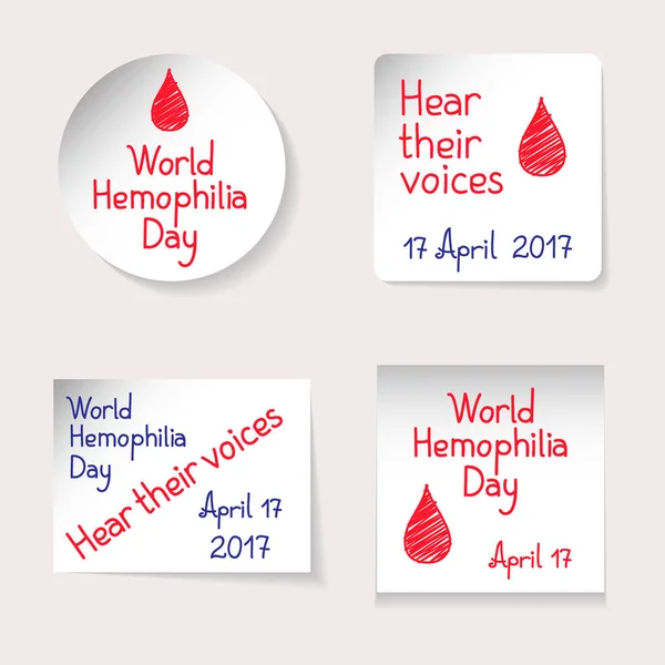 Journée mondiale de l'hémophilie thème. Jeu d'autocollants, bannières de formes différentes : rondes, carrées, rectangulaires. Inscriptions et gouttes de sang prélevées par un stylo feutre. Illustration vectorielle — Image vectorielle