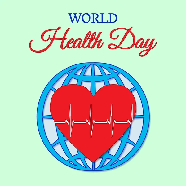 Concept de la Journée mondiale de la santé avec battements de cœur sur fond de globe. Illustration vectorielle. Utilisable pour la conception, invitation, bannière, fond, affiche — Image vectorielle