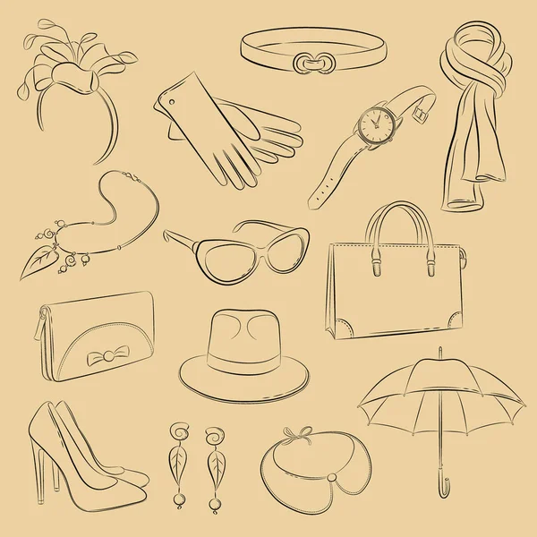 Esbozo vectorial. Colección de accesorios realistas de moda: Bufanda, bolso, bolso, guantes, paraguas, cinta para el cabello, collar, sombrero, cuello, reloj, cinturón, zapatos, gafas de sol. Ilustración en dibujo a mano — Archivo Imágenes Vectoriales