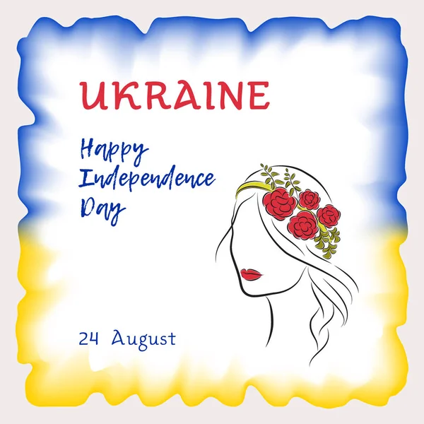 Vektor Illustration, Grußkarte, Banner oder Poster Unabhängigkeitstag der Ukraine. Der Aquarellrahmen ist in den blauen und gelben Farben der ukrainischen Flagge gemalt. ein schönes Mädchen mit Blumen in der Hand — Stockvektor