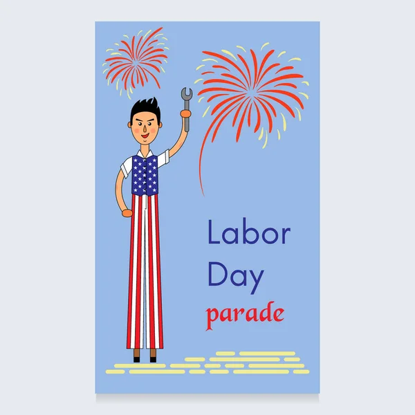 Dia do Trabalho Vector Design. Um homem de palafitas vestido com as cores da bandeira americana. Uma chave de fendas está nas suas mãos. Fogos de artifício dedicados ao desfile. Usável para design, convite, banner, cartaz — Vetor de Stock