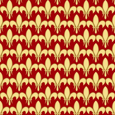 Altın bir royal lily ile Seamless modeli bir kırmızı bordo arka plan üzerinde bir alev almış zambağı aradı. Vektör hanedan süsleme. Tasarım, paketleme, duvar kağıdı, tekstil, kartı, web için kullanılabilir