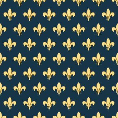 Altın bir royal lily ile Seamless modeli bir alev almış zambağı karanlık bir arka plan üzerine aradı. Vektör hanedan süsleme. Tasarım, paketleme, duvar kağıdı, tekstil, kartı, web için kullanılabilir