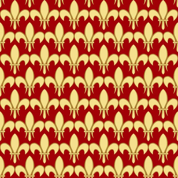 Altın bir royal lily ile Seamless modeli bir kırmızı bordo arka plan üzerinde bir alev almış zambağı aradı. Vektör hanedan süsleme. Tasarım, paketleme, duvar kağıdı, tekstil, kartı, web için kullanılabilir