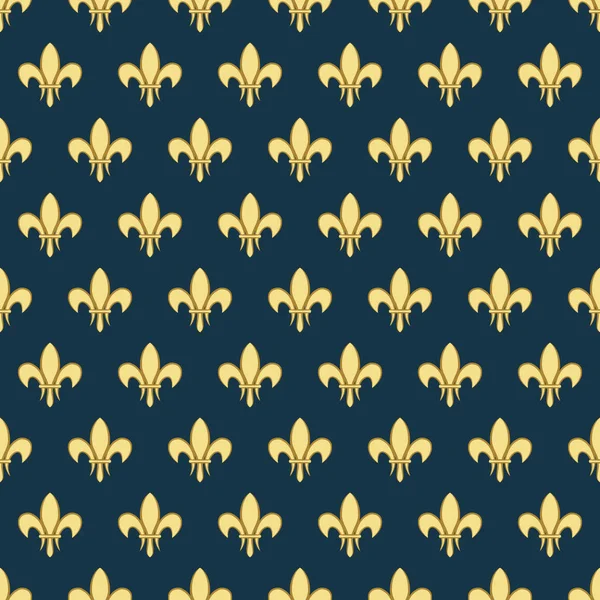 Naadloze patroon met een gouden lelie royal genoemd een Iris op een donkere achtergrond. Vector heraldische sieraad. Bruikbaar voor design, verpakking, behang, textiel, kaart, web — Stockvector