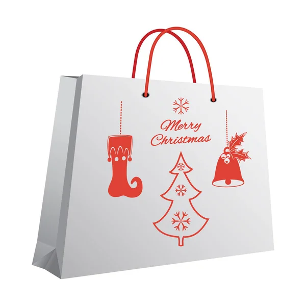 Bolsa de compras de Navidad con un patrón impreso de medias colgantes rojos, campana con acebo, abeto, una inscripción de felicitación. Ilustración vectorial . — Vector de stock