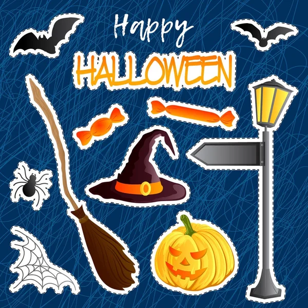 Conjunto vetorial de adesivos festivos. Tema de Halloween. Símbolo de férias tradicional Jack o lanterna, chapéu de bruxa, vassoura, morcego, teia, aranha, doces. Fundo abstrato doodle . — Vetor de Stock