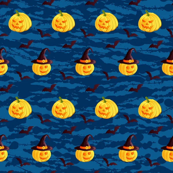 Padrão festivo sem costura. Personagens de Halloween jack o lanterna, chapéu de bruxa, morcego em fundo grunge azul escuro. Ilustração vetorial. Usável para embalagem de design, papel de parede, têxtil — Vetor de Stock