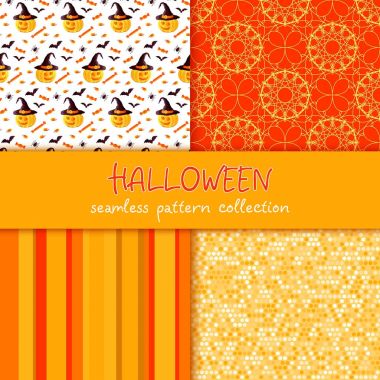 Festival Dikişsiz desen koleksiyonu. Cadılar Bayramı illüstrasyon vektör kümesi. Çizgiler, daireler, karalama doku, tatil simgeler ve karakterler jack o fener, cadı şapka, yarasa, örümcek, Mısır şeker. Kullanılabilir