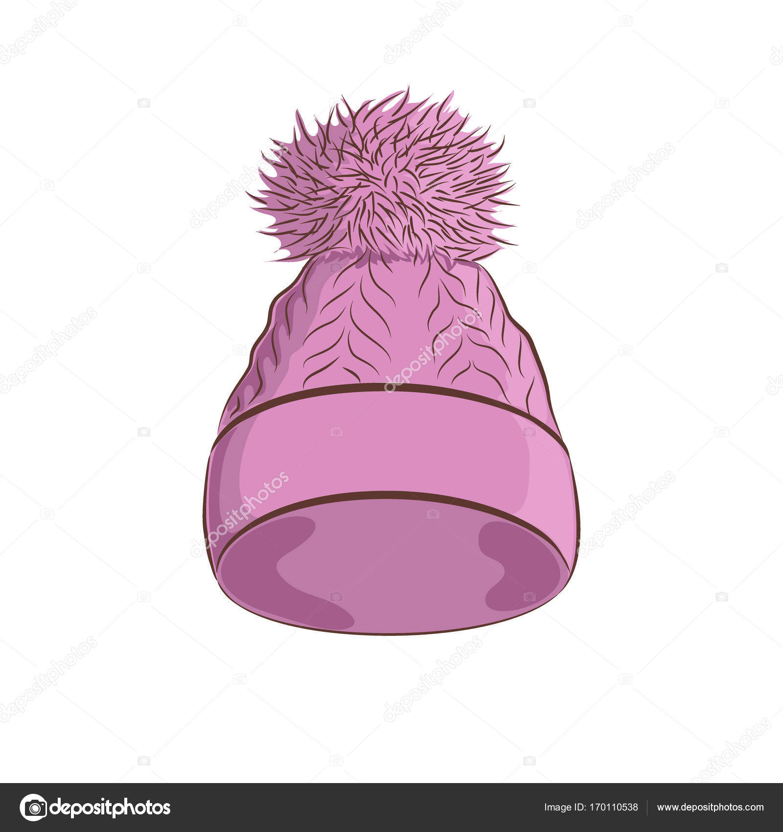 Bonnet tricoté réaliste avec un pompon. Accessoires de mode femme. Objet violet isolé sur fond blanc. Illustration de dessin animé de vecteur style pour