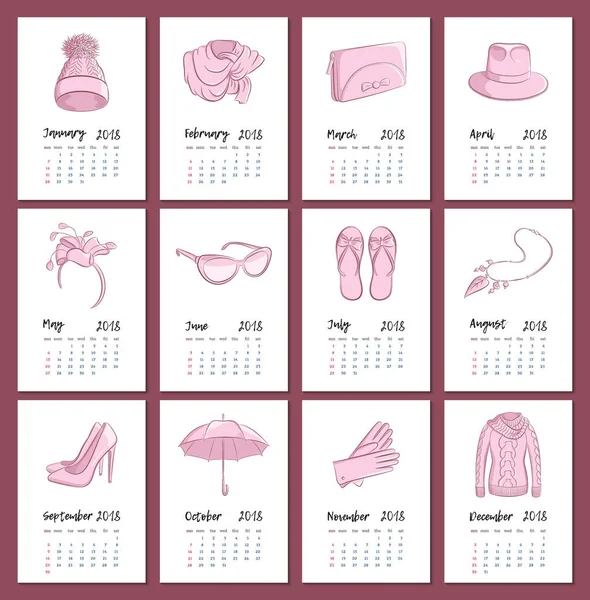 Ropa de moda realista y accesorios calendario vertical 2018. Color rosa o magenta. Cada mes en una página separada. Ilustración de boceto vectorial en estilo de dibujo a mano. EPS 10 — Archivo Imágenes Vectoriales