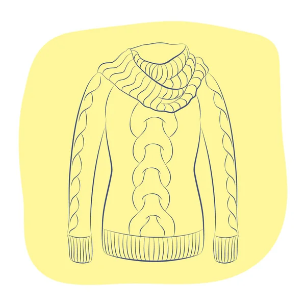 Ein realistischer warmer Pullover oder Strickpullover mit großem Kragen. Frauen modeln Winterbekleidung. Konturobjekt auf gelbem Hintergrund. Vektorskizze Illustration in Handzeichnung Stil für Ihr Design. — Stockvektor