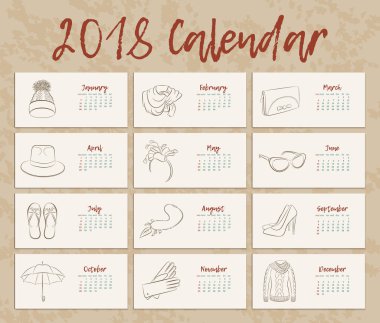 2018 yıl yatay bir vintage takvimdir. Sanat hattı moda giyim ve aksesuarları. Brown sepya renkler. El çizim stili vektör kroki çizim.