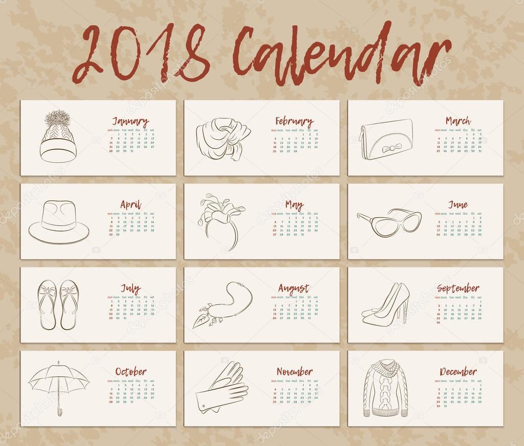 2018 year is a horizontal vintage calendar. Art line fashion clothing and accessories. Brown sepia colors. Vector sketch illustration in hand drawing style.