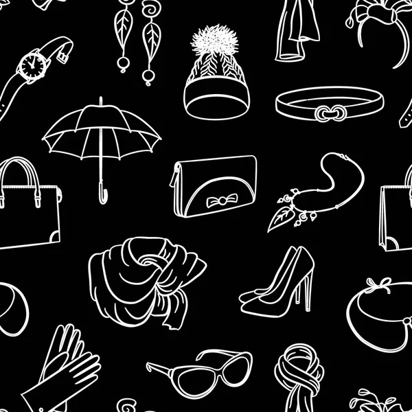 Accesorios de moda patrón sin costuras. Dibujo a mano de líneas blancas sobre fondo negro. Sombrero, bolso, bolso, paraguas, gafas de sol, collar, zapatos, guantes, pendientes. Ilustración vectorial — Archivo Imágenes Vectoriales