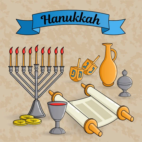 Jewish holiday Hanukkah greeting card. Traditional menora, candle, cup of wine, jug of oil, dreidel with Hebrew letters, Torah scroll, incense box. Vector illustration