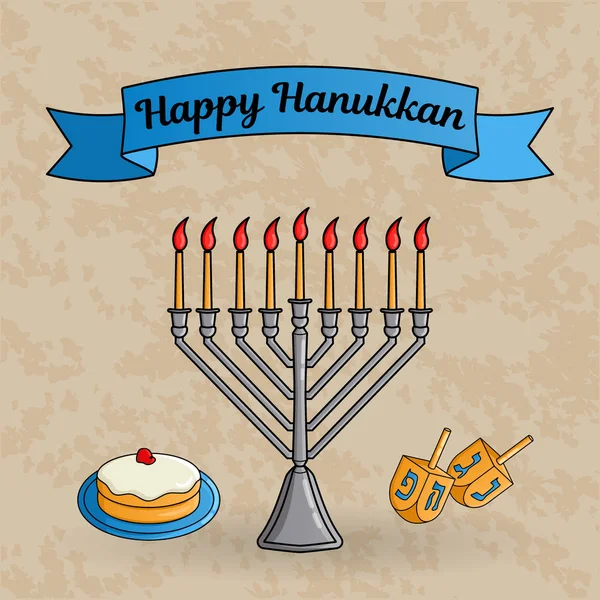 Jewish holiday Hanukkah greeting card. Traditional menora with burning candles, dreidels with Hebrew letters, donut with jam called sufganiyah. Vector