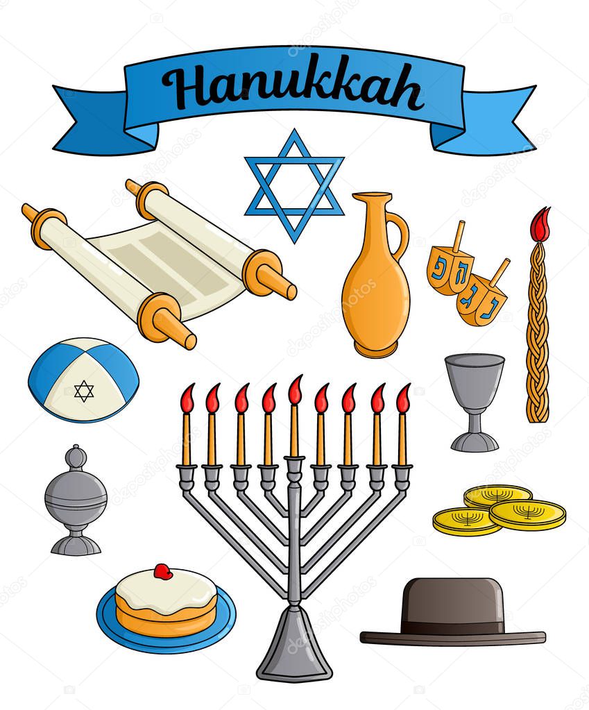 Icons collection of the Jewish holiday Hanukkah. Traditional candlestick, candle, star of David, hat, donut, cup of wine, jug of oil, top with Hebrew letters, Torah scroll, incense box. Vector