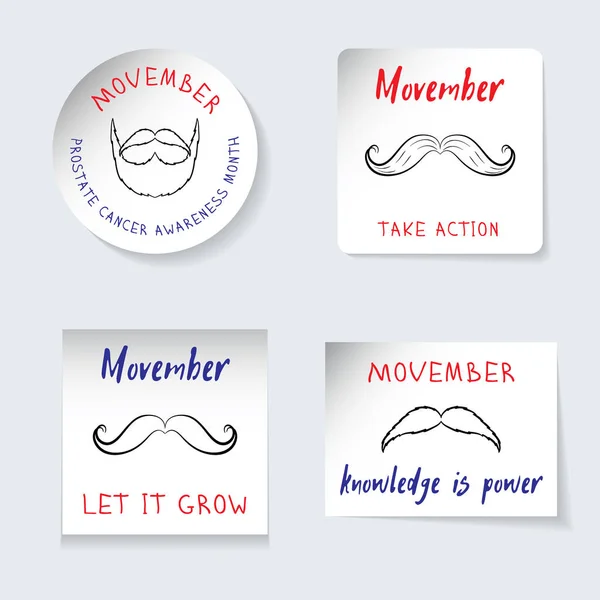 Lutte contre le cancer de la prostate thème Movember. Jeu d'autocollants, bannières de différentes formes. Rappelant inscriptions, symboles, moustache, barbe en style dessin à la main. Illustration vectorielle — Image vectorielle