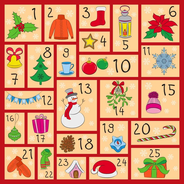 Calendario de Adviento. Lindos símbolos de Navidad, invierno y Año Nuevo. Estilo de dibujo a mano. Cartel vector Doodles . — Vector de stock