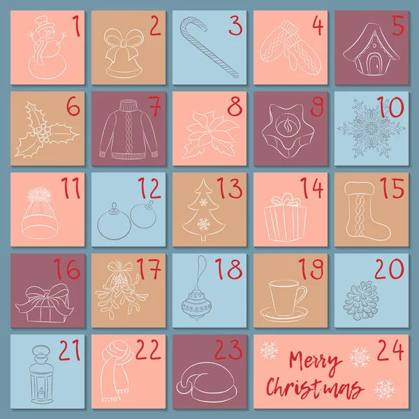 Calendario de Adviento estilo retro. Dibuja símbolos de Navidad, invierno y Año Nuevo. Estilo de dibujo a mano. Cartel vectorial dibujado manualmente, tarjeta de felicitación, banner . — Vector de stock