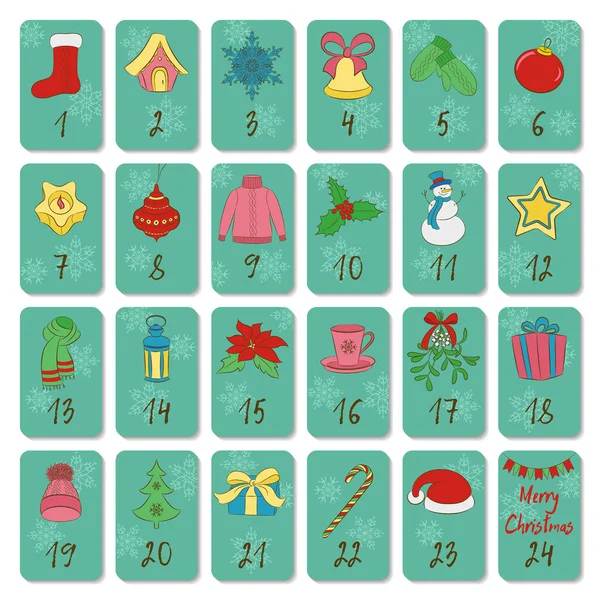 Calendario de Adviento. Retro Navidad, invierno y Año Nuevo símbolos. Estilo de dibujo a mano. Cartel vector Doodles . — Vector de stock
