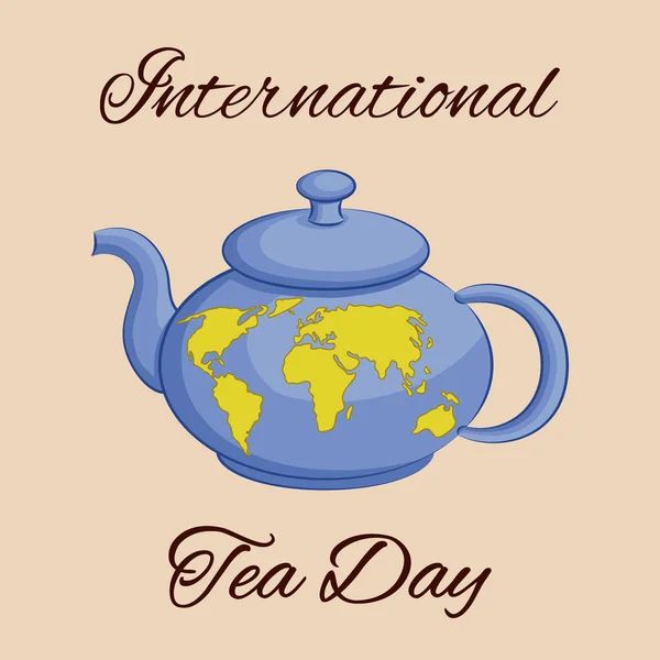 Internationale dag van de thee thema. Theepot met een wereldkaart. Wenskaart, poster of vierkante banner. Vectorillustratie — Stockvector