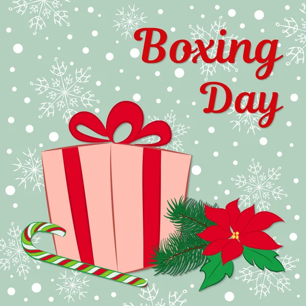 Boxing day πώληση πλατεία banner ή κάρτα. Ένα δώρο, ένα από ζαχαροκάλαμο καραμέλα, ένα λουλούδι punchettia και έλατο κλαδιά στο χέρι συρμένο στυλ. Μπορείτε να γράψετε το δικό σας κείμενο. Εικονογράφηση διάνυσμα — Διανυσματικό Αρχείο