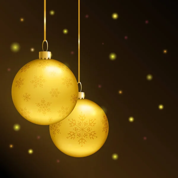 Una tarjeta cuadrada de Navidad o Año Nuevo. Bolas de oro realistas sobre un fondo marrón oscuro. Estrellas brillantes. Espacio libre para tu texto. Ilustración vectorial — Vector de stock