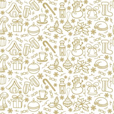 Noel seamless modeli. Siluetleri altın simge ve tatil sembolleri beyaz zemin üzerinde. Çizim stili el kroki. Vektör