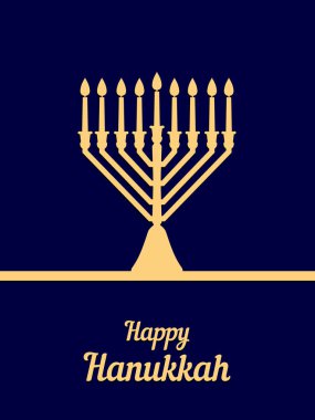 Geleneksel menorah Yahudi Hanuka festival için. Mavi arka plan, kutlama yazıt üzerinde altın siluet. Raster resim. Tasarım, davet, afiş, arka plan için kullanılabilir