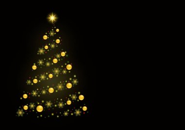 Soyut Noel ağacı oluşan altın top, ışıklar, siyah bir zemin üzerine kar taneleri. Bir dikdörtgen tebrik kartı veya yatay banner. Kendi metninizi için boş alan. Vektör çizim