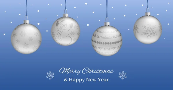 お祝いの水平バナーまたはクリスマス年賀状。青色の背景に現実的なシルバー ボール。独自のテキストを書くことができます。ベクトル図 — ストックベクタ