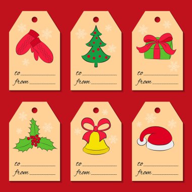 Altı Noel ve yeni yıl etiketleriyle tatil simgeler ve kış simgeler kümesi. Farklı öğeleri her kartın üzerinde. Kullanılan tasarım, karalama defteri, sarma, Hediyelik mağaza satış için. Vektör