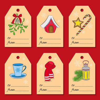 Altı Noel ve yeni yıl etiketleriyle tatil simgeler ve kış simgeler kümesi. Farklı öğeleri her kartın üzerinde. Kullanılan tasarım, karalama defteri, sarma, Hediyelik mağaza satış için. Vektör