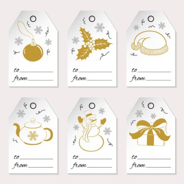 Altı Noel ve yeni yıl hediye etiketleri ile tatil simgeler ve kış simgeler kümesi. Altın öğeleri beyaz arka plan üzerinde izole. Kullanılan tasarım, karalama defteri, sarma, satış için. Vektör çizim