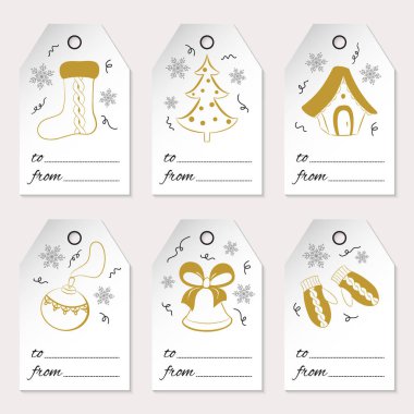 Altı Noel ve yeni yıl hediye etiketleri ile tatil simgeler ve kış simgeler kümesi. Altın öğeleri beyaz arka plan üzerinde izole. Kullanılan tasarım, karalama defteri, sarma, satış için. Vektör çizim