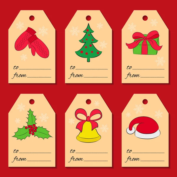 Altı Noel ve yeni yıl etiketleriyle tatil simgeler ve kış simgeler kümesi. Farklı öğeleri her kartın üzerinde. Kullanılan tasarım, karalama defteri, sarma, Hediyelik mağaza satış için. Vektör